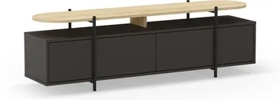 Image de Meuble TV HINOA – Chêne et noir – Plateau surélevé avec niche – 4 portes – 160 x 39 x 49,5 cm