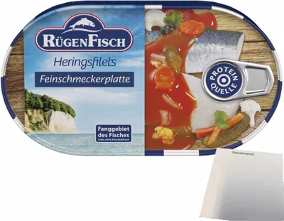 Produktbild von Rügenfisch Feinschmecker Platte, Heringsfilet mit feinem Gemüse (200g Dose) + usy Block