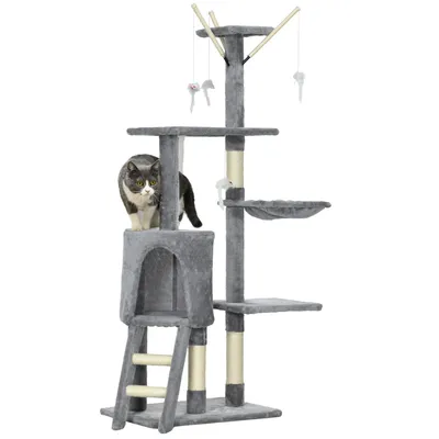 Image de Arbre à chat PawHut, 134 cm de haut, avec niche, 4 jouets et poteaux en sisal, gris
