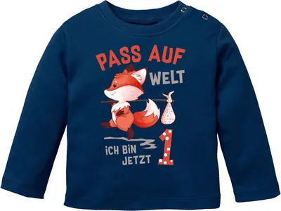 Produktbild von Baby Langarm-Shirt 1. Geburtstag Pass auf Welt ich bin jetzt 1 2 Fuchs Geburtstagsshirt Baumwolle MoonWorks® 1 navy 68/74 (4-9 Monate)
