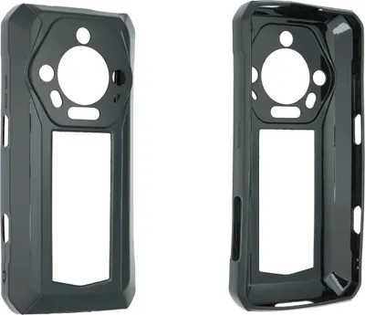 Two black phone cases shown from different angles against a white background.