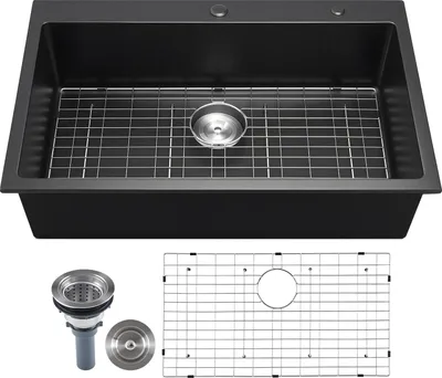 Produktbild von VEVOR Küchenspüle Granitspülen (838 x 559 x 222 mm) zur Aufputzmontage, Einbauspüle im Landhausstil mit Zubehörteilen, Haushaltsspülbecken für Wohnmobile, Vorbereitungsküchen, Bars, schwarz