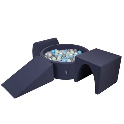 Obrázok produktu pre KiddyMoon Mäkké penové ihrisko pre deti s guľatým loptičkovým ihriskom (300 ∅ 7 cm) s mäkkými prekážkami a loptičkovým bazénom,  vyrobené v EÚ, Tmavomodrá:Perla/Grey/Transparentné/Babyblu