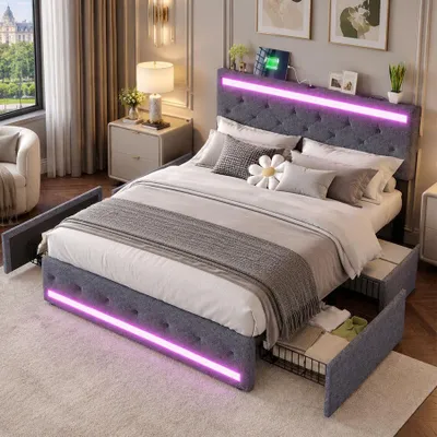 Immagine prodotto di Letto imbottito INONEFT, 140 x 190 cm, letto matrimoniale con LED e USB, letto per adulti con 4 cassetti e rete a doghe, letto per ragazzi, tessuto in lino, colore grigio scuro