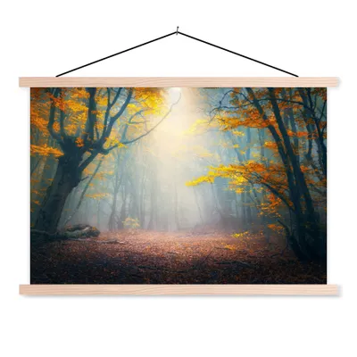 Produktbild von MuchoWow® Textilposter Wald - Nebel - Herbst 60x40 cm mit holzfarbenen Rahmen - Bilder