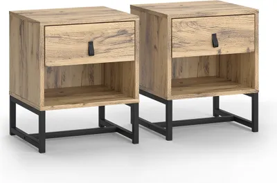 Two identical wooden nightstands with black metal legs are shown against a white background.