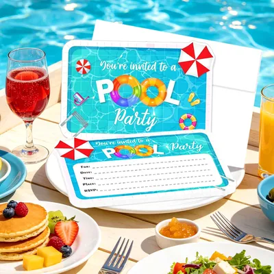 12 Einladungskarten Schwimmbad-Party mit Umschlägen, Pool-Motiv