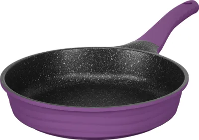A purple frying pan with a black speckled interior and a purple handle is shown against a white background.
