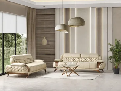 Produktbild von Moderne Beige Wohnzimmer Textil Couchgarnitur Designer Polstersofas