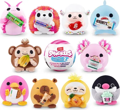 A collage of various plush toys, each holding a snack or drink.