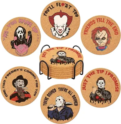 Productafbeelding van 6 Halloween-onderzetters, thematisch ontworpen met elementen uit horrorfilms