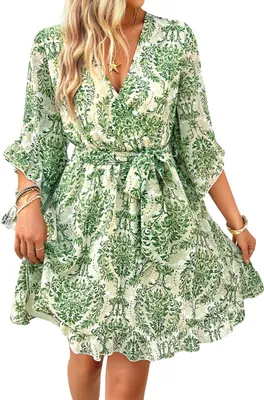 Image de ASKSA Robe d'été Femme Courte Elégante Fleurs Mousseline Encolure en V Robe portefeuille (Vert clair,L)