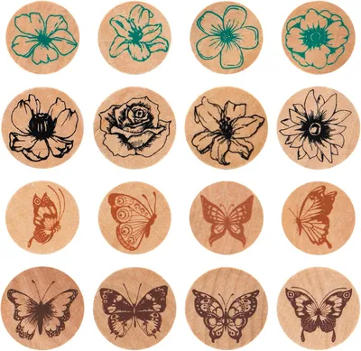 Obrázok produktu pre Drevená razítková sada 16 ks, Motýle a Kvety, Vintage gumové razítka, pre DIY scrapbooking