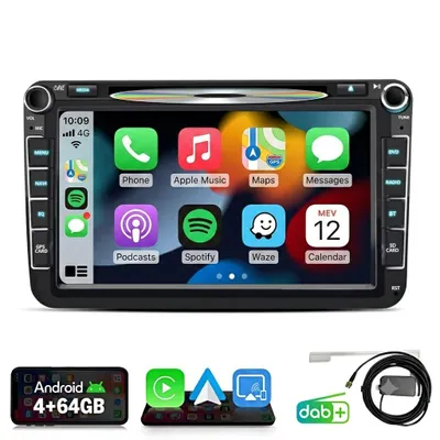 Immagine prodotto di Autoradio Android con CarPlay, compatibile con VW Polo, Golf 5/6, Tiguan, Passat, Touran, T5, dotata di GPS, navigatore, Wi-Fi, 4G, Bluetooth, DAB+, controllo del volante, USB, DSP, memoria 4+64GB e processore a 8 core