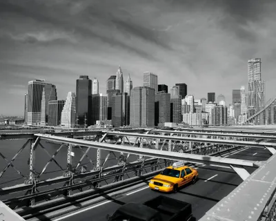 Zdjęcie produktu dla New York Art Print Picture - Żółta taksówka na moście Brooklyńskim (40 x 50 cm)