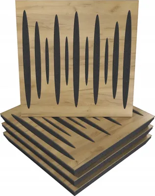A stack of acoustic wall panels with a wood grain finish and black inserts.
