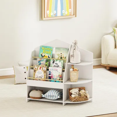 Produktbild von Kinderregal Montessori Bücherregal, 7 Fächer Spielzeugregal, MDF Kiefernholz, Weiß | 80x30x79,7 cm | 40 kg |