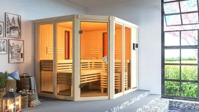 Produktbild von Karibu Sauna Innensauna Ava Eckeinstieg Ofen 9 kW  externe Strg easy 231x196x198 cm ohne Dachkranz