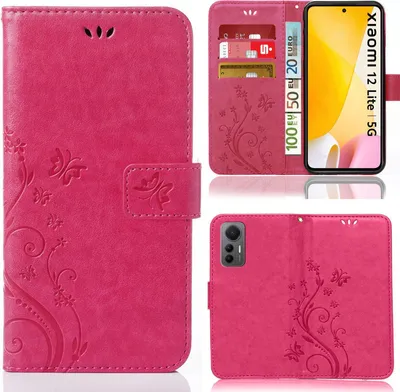 Produktbild von Handy Tasche für Xiaomi 12 Lite  Schutz Hülle Handyhülle mit Blumenmuster Klapp Hülle mit Standfunktion und Kartenfächer Pink
