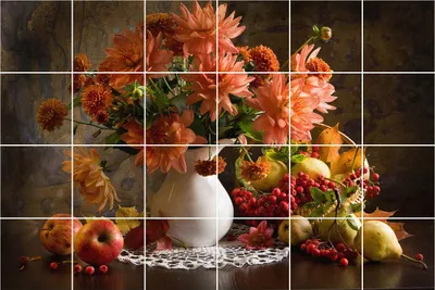 Produktbild von Fliesenaufkleber 15x15 cm – 24 Stück – Selbstklebend – Wasserfest – Pflegeleicht – Hitzebeständig – Für Küche & Bad – Blumen und Früchte in einem Arrangement
