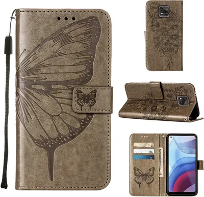 Produktbild von Moto G Power 2021 Hülle, Schmetterling Prägung Flip Leder Kartenfächer Schutzhülle Ledertasche mit Ständer für Motorola Moto G Power 2021 Grau