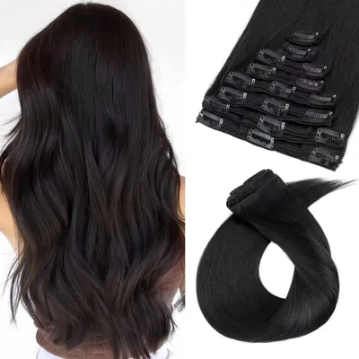 Image de Extensions à clipser, cheveux naturels, couleur noire, 50 cm, cheveux Remy, 8 mèches, double mèches