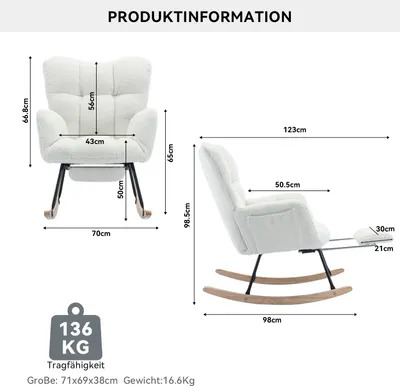 Image de OKWISH Fauteuil à Bascule Blanc - Fauteuil Relax en Tissu Polaire Teddy avec Repose-Pieds Extensible et Dossier Haut