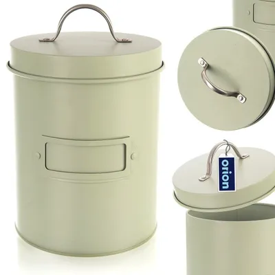 A collage of images showing a greenish metal storage container with a lid and handle, and a close-up of the lid with a tag.