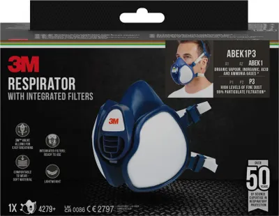 Packaging for a 3M respirator with integrated filters.