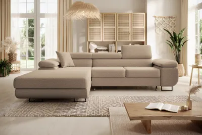 Produktbild von Easy4You Ecksofa NORBERG Boucle L-Form Hellbeige – 279x72x205 cm - Schlafsofa mit Bettkasten und Schlaffunktion - Eckcouch mit Stauraum – Links – Stoff Lambi 06