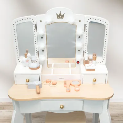 Produktbild von Mamabrum XXL Schminktisch Für Kinder Aus Holz Mit Hocker – LED-Beleuchtung, 3-Teiligem Spiegel