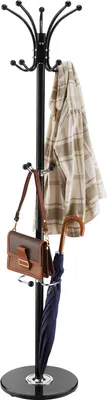 A black coat rack with a plaid jacket, a brown handbag, and a navy blue umbrella hanging from it, set against a white background.