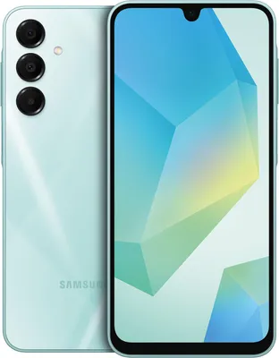 A light green Samsung smartphone is shown from the back and front.