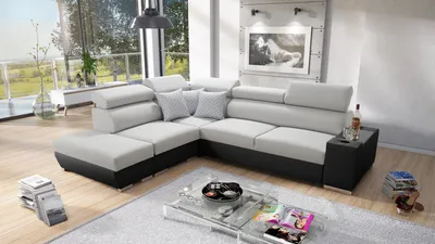 Produktbild von Ecksofa mit Schlaffunktion Eckcouch PERS VII Sofa Links Grau Stoff SAWANA 84 + schwarzes Kunstleder