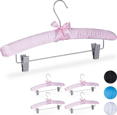 Zdjęcie produktu dla Relaxdays – zestaw 5 satynowych wieszaków na ubrania, wyściełanych, w stylu vintage, z regulowanymi zaciskami i obrotowym haczykiem, szerokość 38 cm, kolor różowy