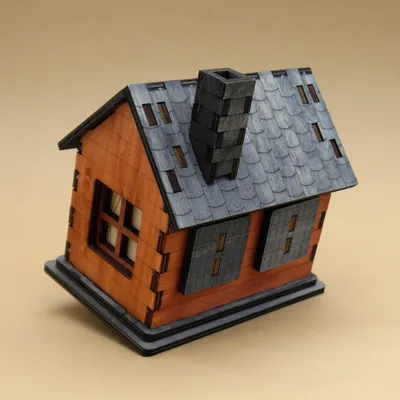 Detailansicht der Holzhütte mit Schornstein und Fensterläden als Escapebox aus Holz vor neutralem Hintergrund.