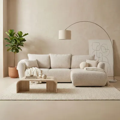 Produktbild von L-Form Ecksofa – Rechts – Modernes Sofa mit Schlaffunktion und Bettkasten – Liegefläche 210 × 140 cm – Ecru Strukturstoff Chenille