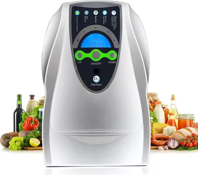 A silver ozone generator sterilizer is shown in the center, with various food items like fruits, vegetables, bread, and bottles in the foreground and background.