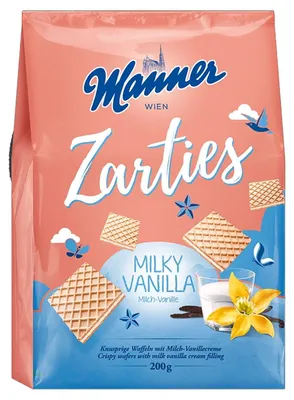 Obrázek produktu pro Manner Zarties Mléčné vanilkové křupavé oplatky s vanilkovým krémem 200g