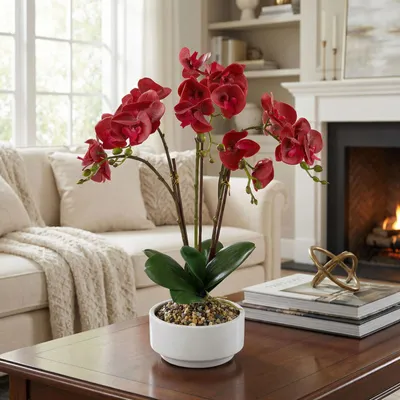 Zdjęcie produktu dla Sztuczna orchidea, 56 cm w doniczce – realistyczna roślina dekoracyjna – łatwa w pielęgnacji – 5 kolorów – dekoracja do salonu i biura [11919]