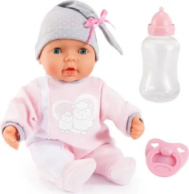 Produktbild von Bayer Design 93829AA My Piccolina Interactive Puppe mit Funktion, sprechend, Babylaute, bewegt den Mund, 38 cm, rosa, grau mit Motiv Schaf