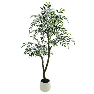 Produktbild von Künstlicher Ficus Baum - 150 cm - Innenbereich - Realistische Treurfeige mit Naturholzstamm - Seidenblätter - Weißer Topf