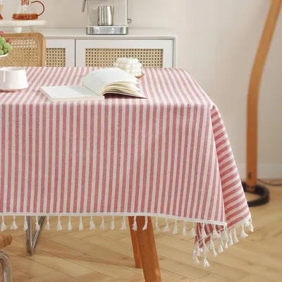 Productafbeelding van Tafelkleed gestreept met franjes, 60 x 60 cm, rood/wit, katoen-linnen