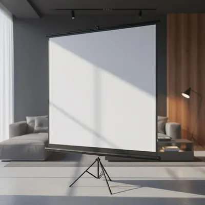 A projection screen on a tripod stand in a modern living room.
