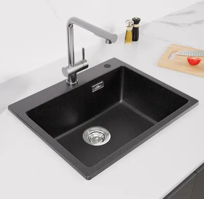 Produktbild von Auralum Granitspüle Küche mit 1 Becken - 55 x 45 x 20 cm Spülbecken mit Siphon Waschbecken Küche - Einbauspüle Arbeitsplatte Küchenspüle