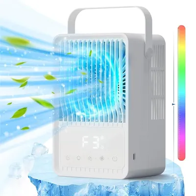 A white mini air cooler is shown on a block of ice, with blue air and green leaves blowing out of it, suggesting a cooling effect. A colorful light strip is visible on the right side.