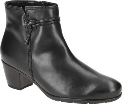 A black leather ankle boot is shown from the side against a white background.