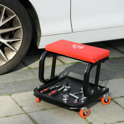 Produktbild von SUGIFT Werkstatthocker mit Rollen & Werkzeugfach, Mechanikerhocker, Kunstleder gepolstert, Rot | 38x35x37 cm | bis 100 kg | Stahlrahmen