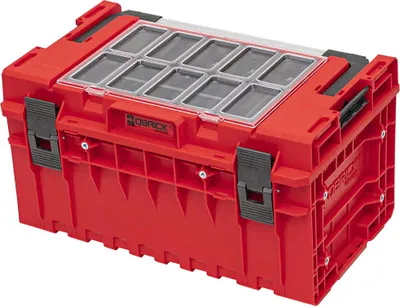 A red Qbrick System ONE 350 2.0 Expert tool case with a clear organizer lid is shown against a white background.