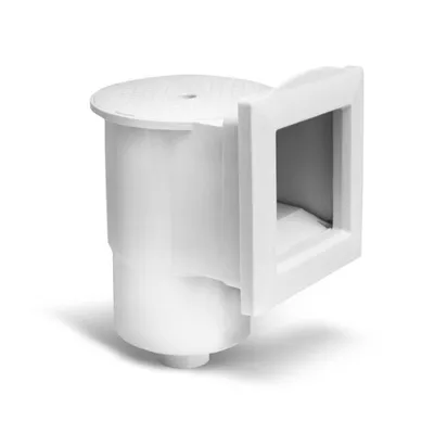 A white plastic pool skimmer with a square opening and a circular lid.